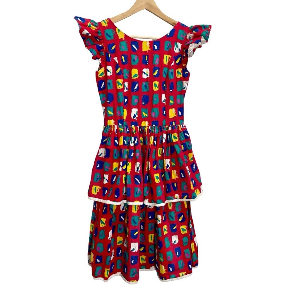 Vintage 80's Misty Lane Tiered Dress Red Colorful Geometric Back Bow Size XS